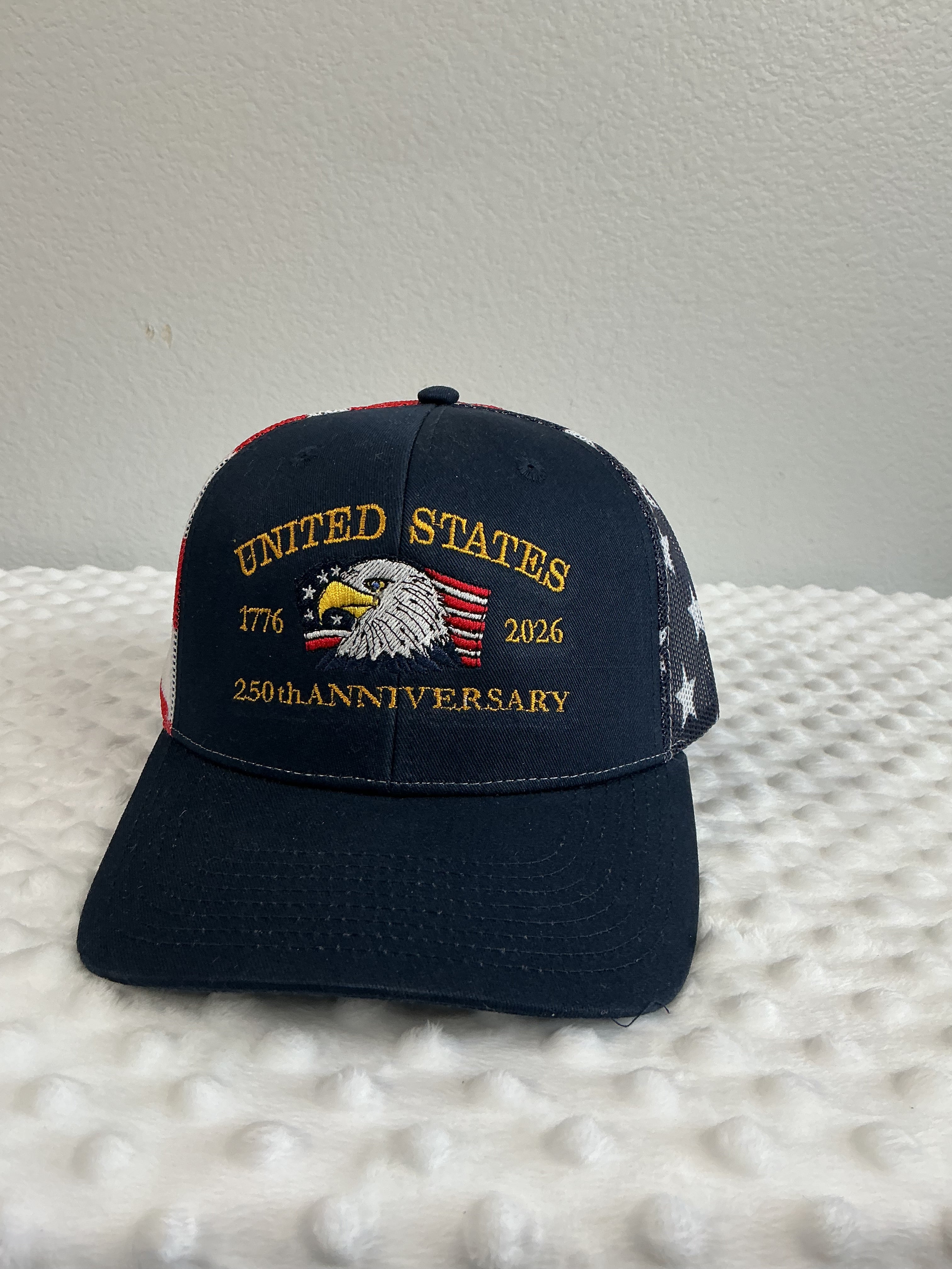 United States 250th Anniversary Embroidered Trucker Cap – Navy/Flag Mesh