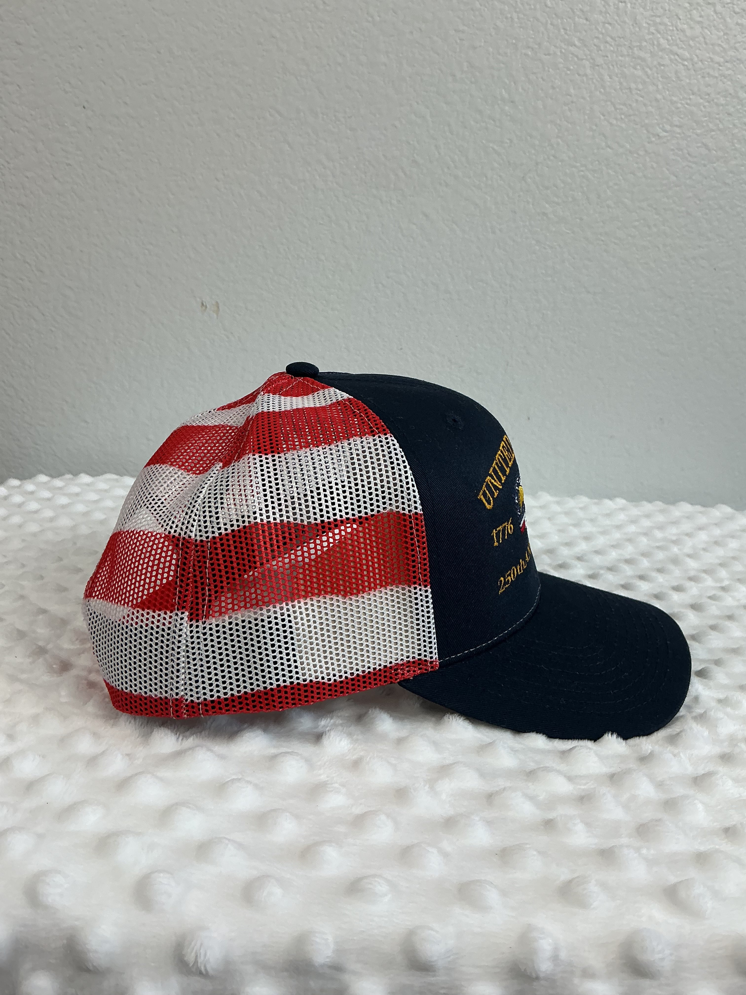 United States 250th Anniversary Embroidered Trucker Cap – Navy/Flag Mesh