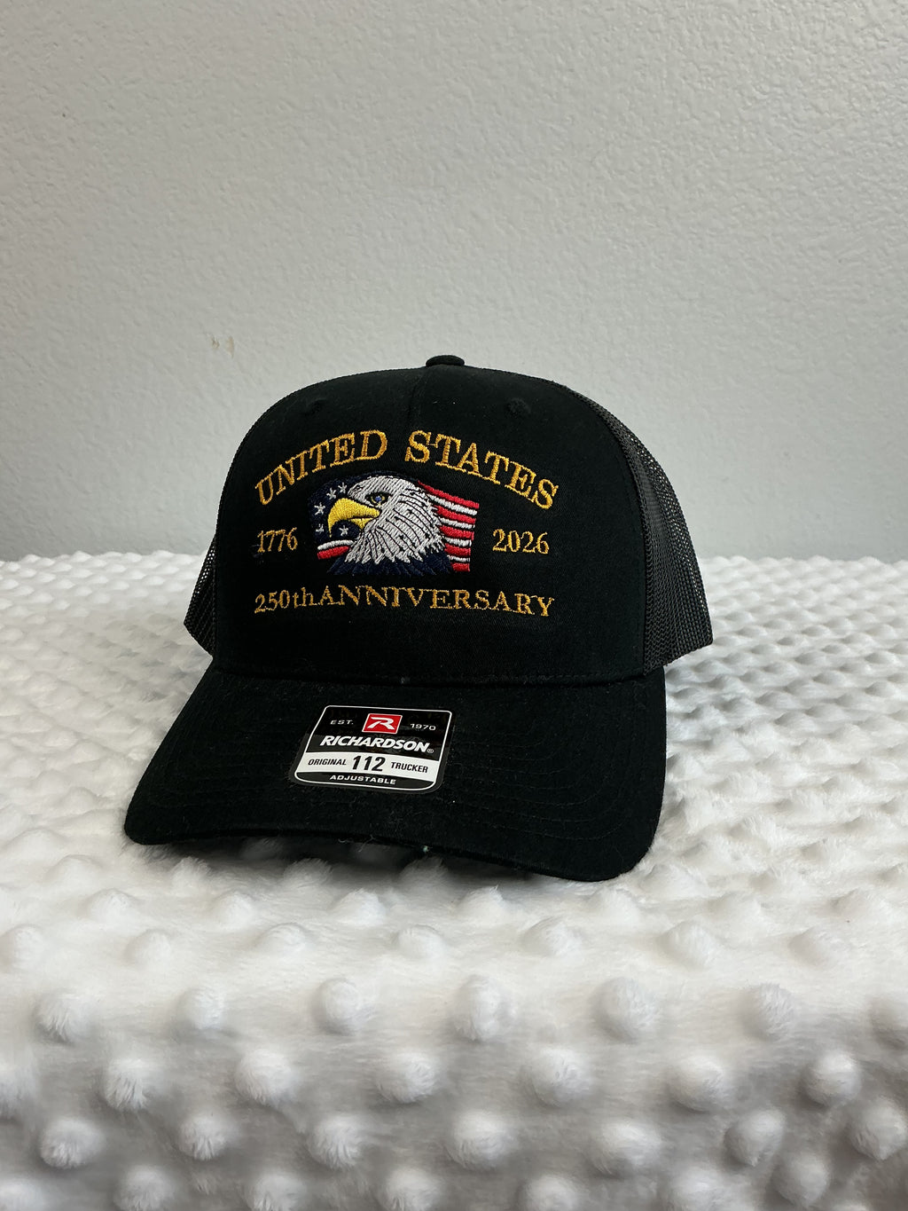 United States 250th Anniversary Embroidered Trucker Cap – Black/Black