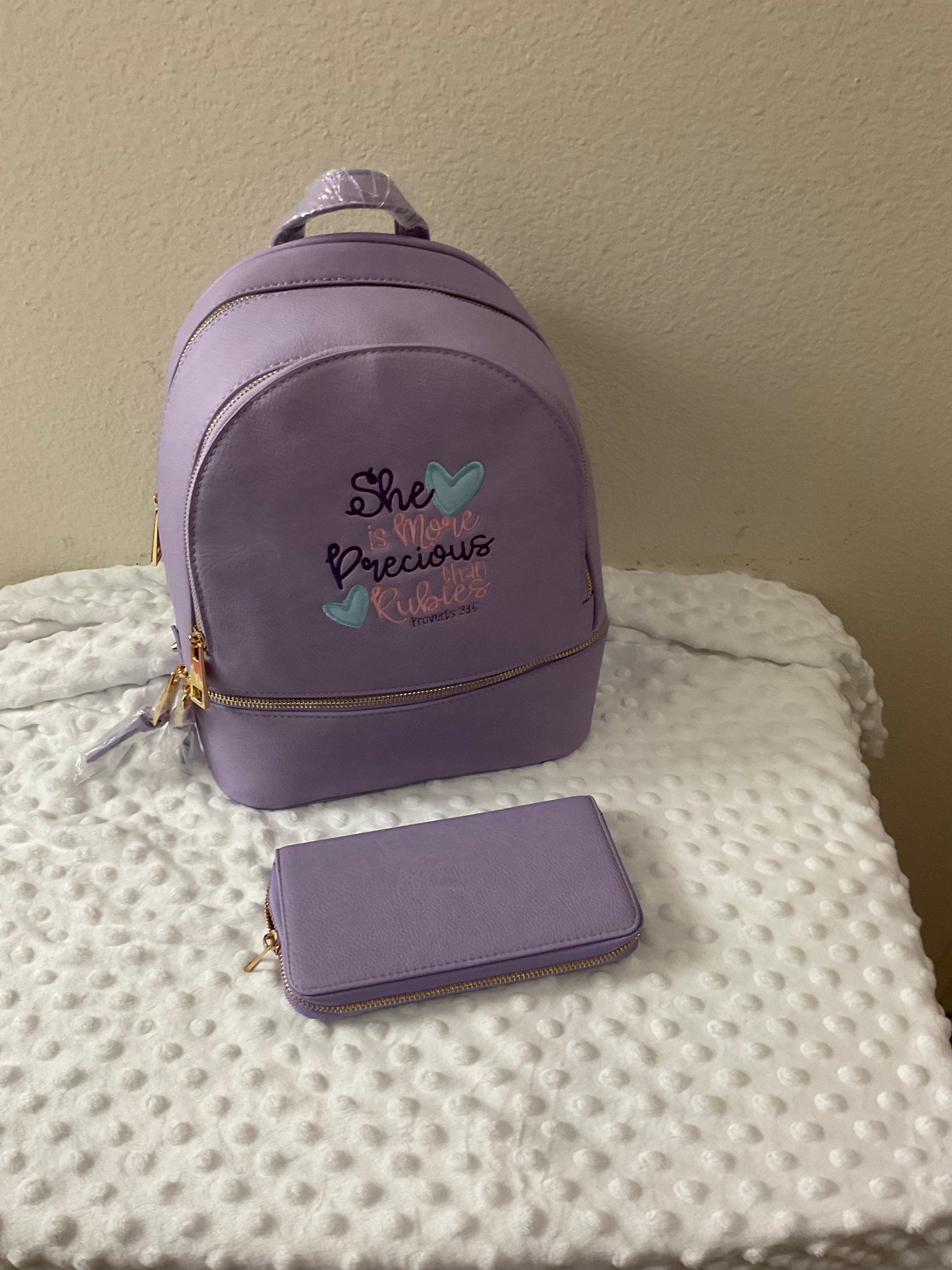 "She Is More Precious Than Rubies" Embroidered Backpack & Wallet Set — Lavender