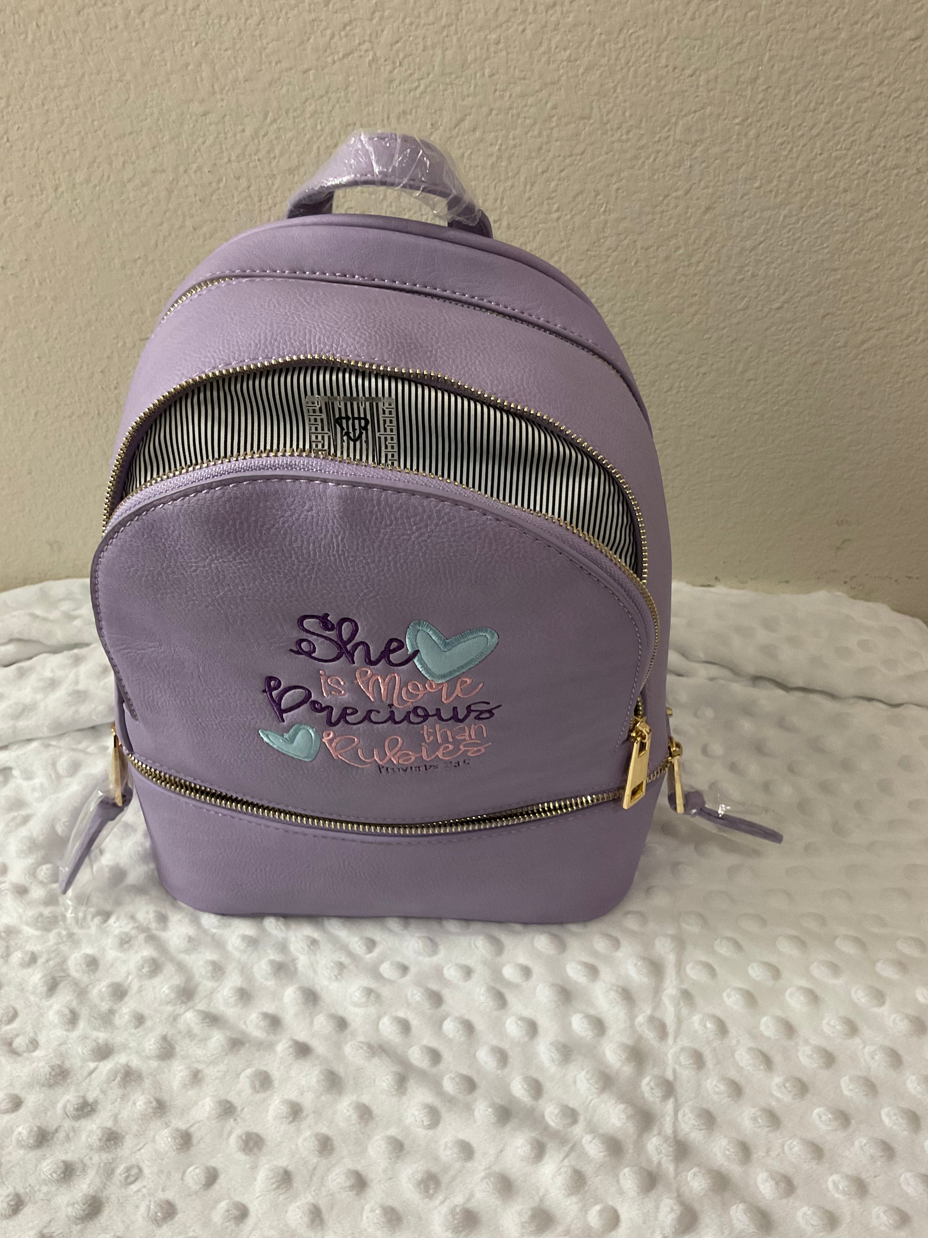 "She Is More Precious Than Rubies" Embroidered Backpack & Wallet Set — Lavender