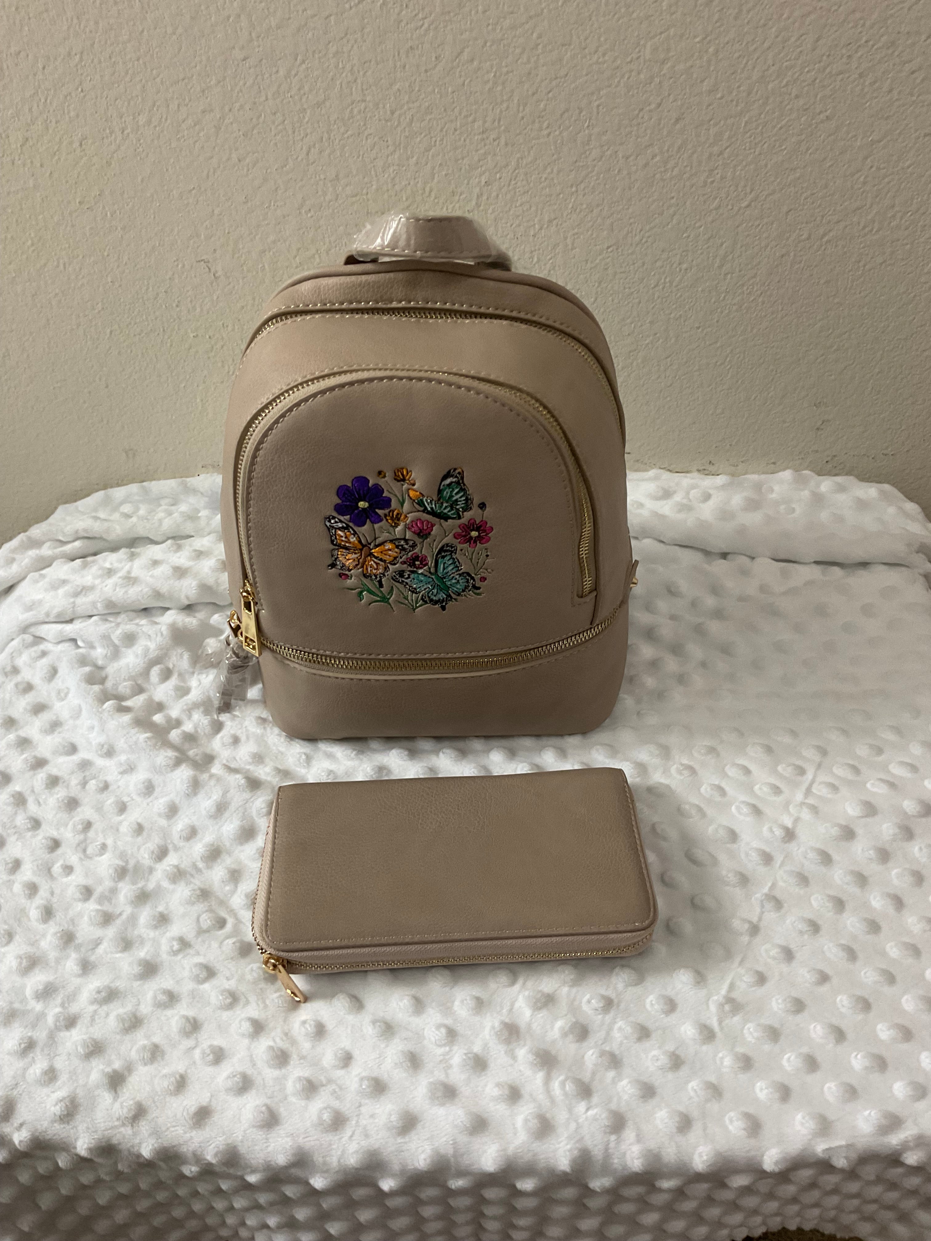 Butterfly Garden Embroidered Mini Backpack & Wallet Set — Taupe