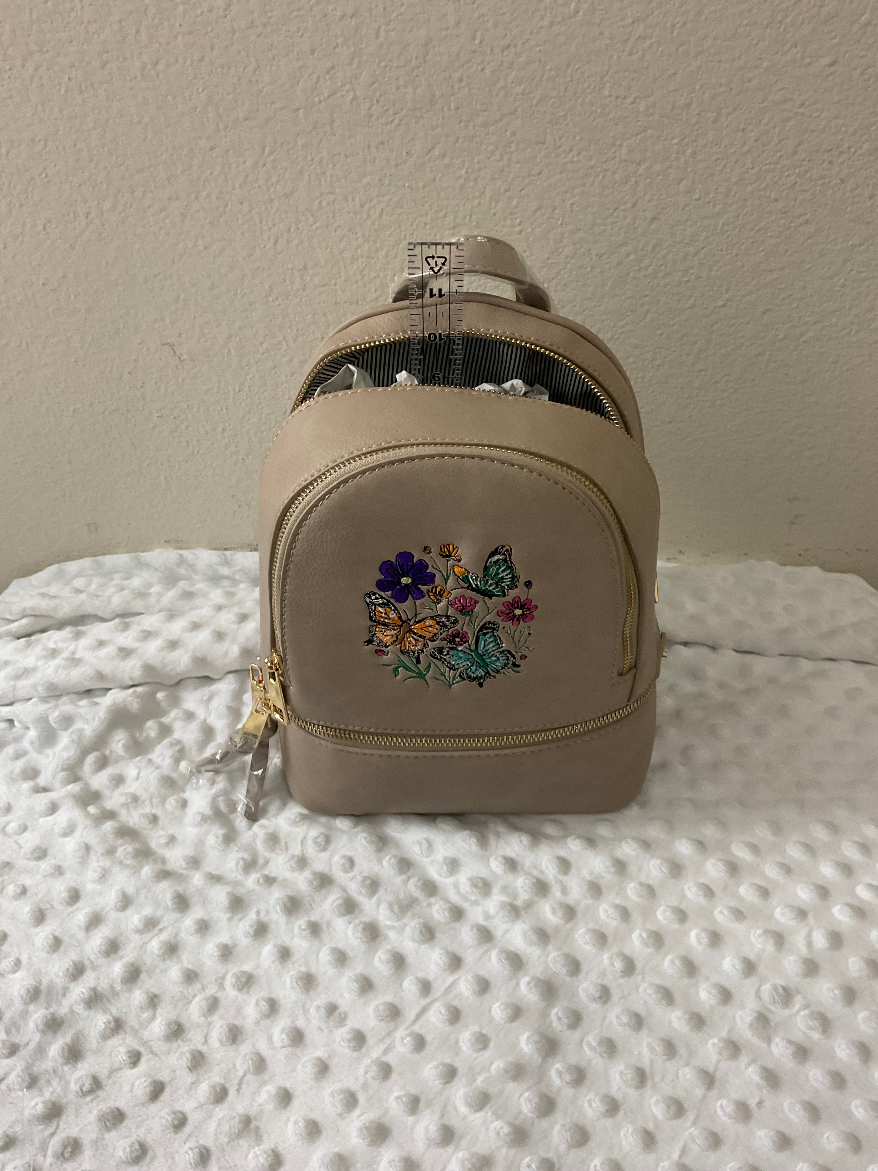 Butterfly Garden Embroidered Mini Backpack & Wallet Set — Taupe