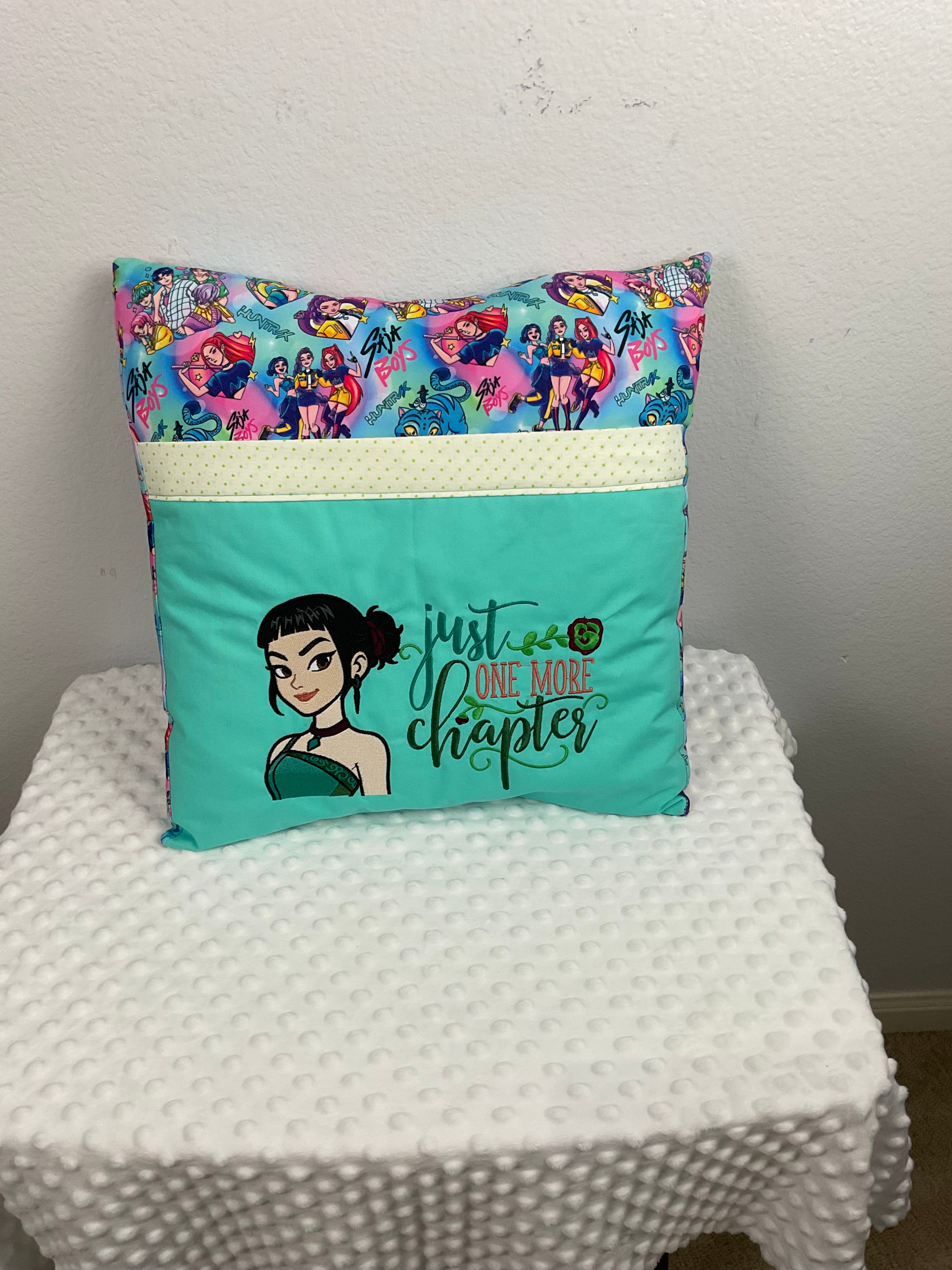 "Just One More Chapter" Descendants Reading Pillow – Embroidered Cushion in Mint