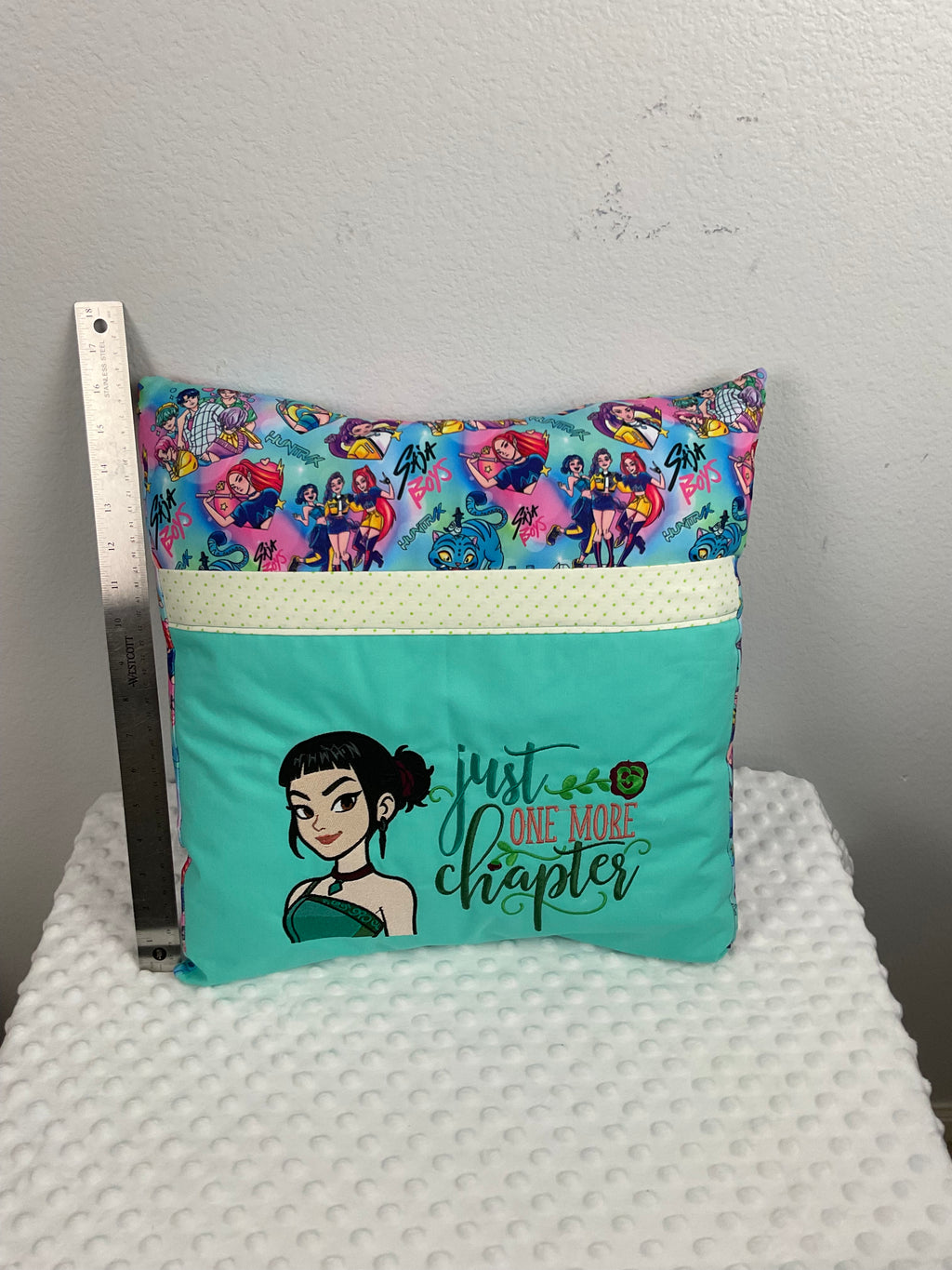 "Just One More Chapter" Descendants Reading Pillow – Embroidered Cushion in Mint