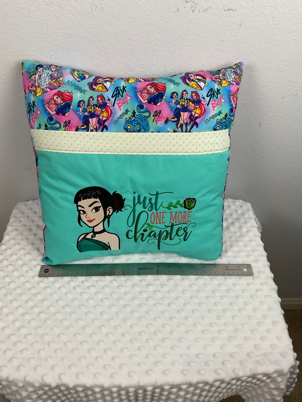 "Just One More Chapter" Descendants Reading Pillow – Embroidered Cushion in Mint
