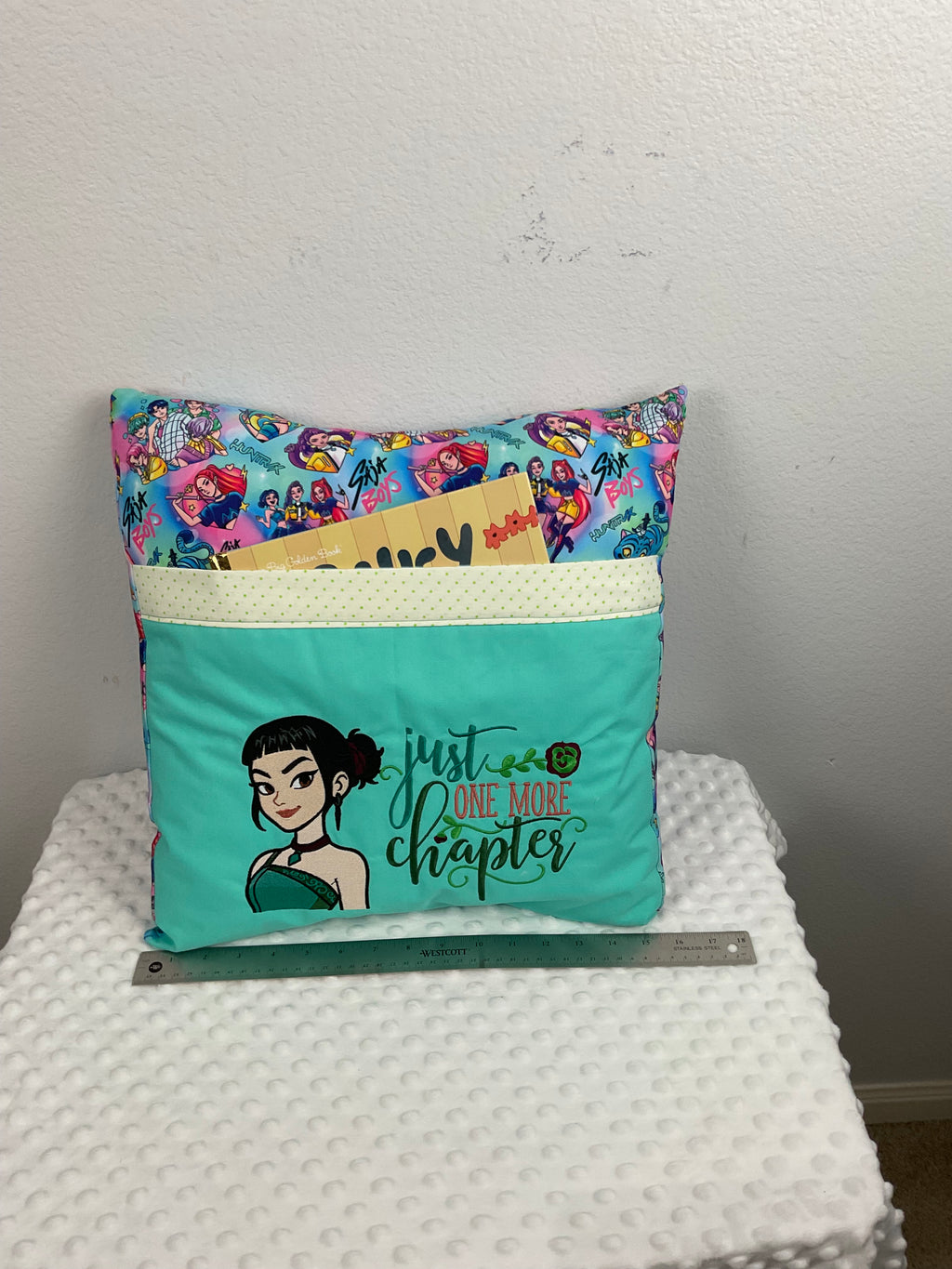 "Just One More Chapter" Descendants Reading Pillow – Embroidered Cushion in Mint