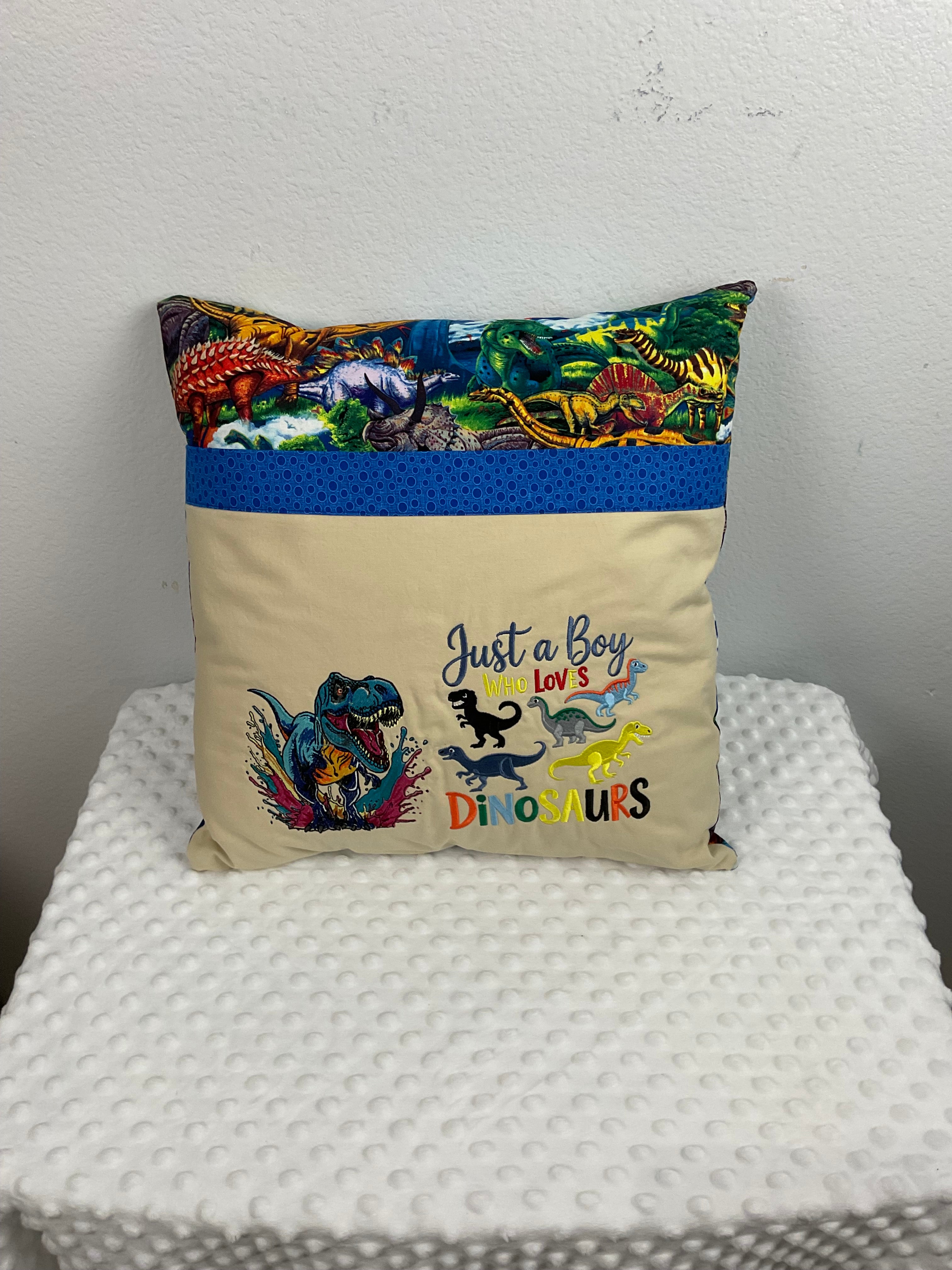 "Just a Boy Who Loves Dinosaurs" Reading Pillow – Embroidered Cushion