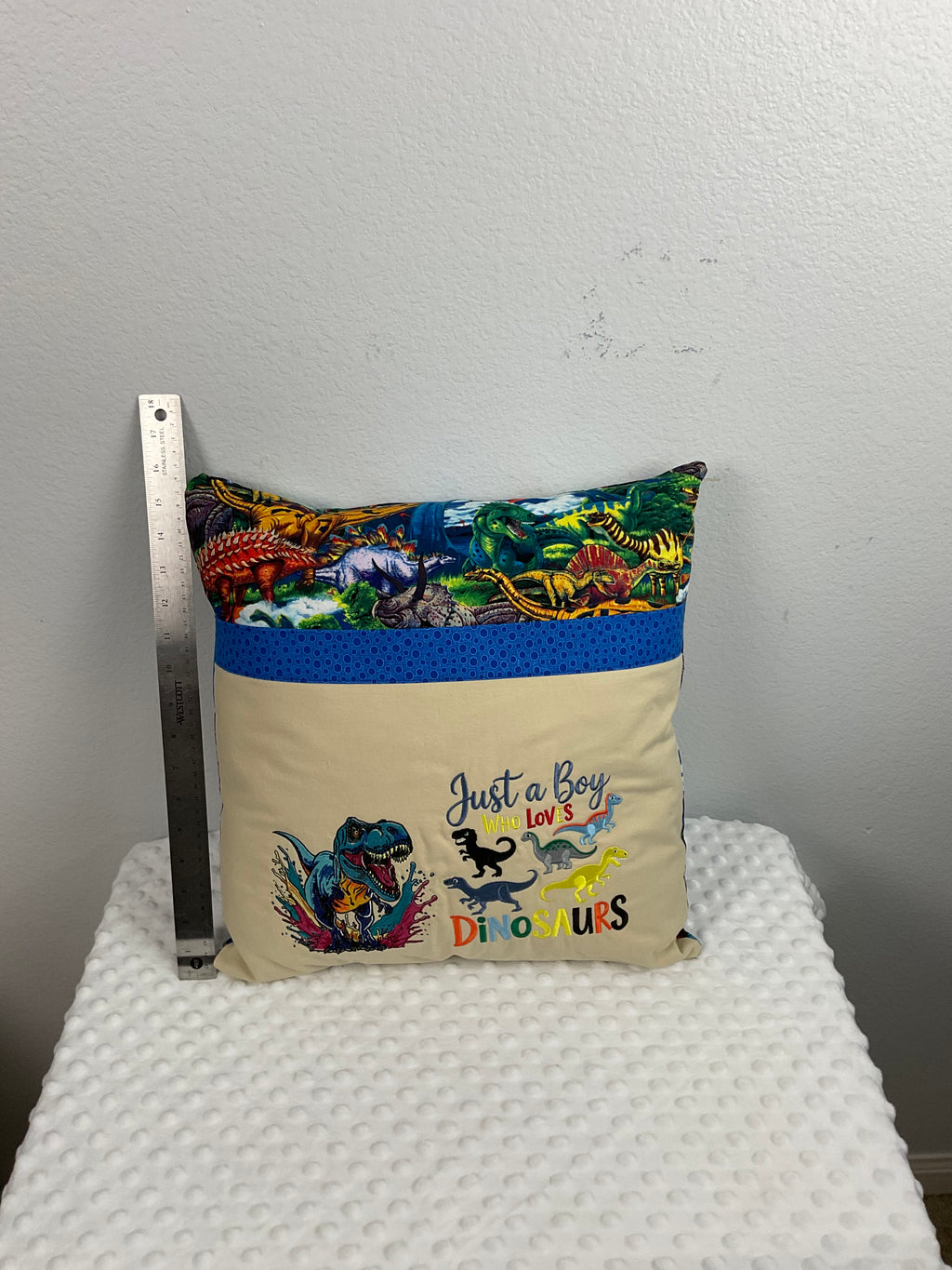 "Just a Boy Who Loves Dinosaurs" Reading Pillow – Embroidered Cushion