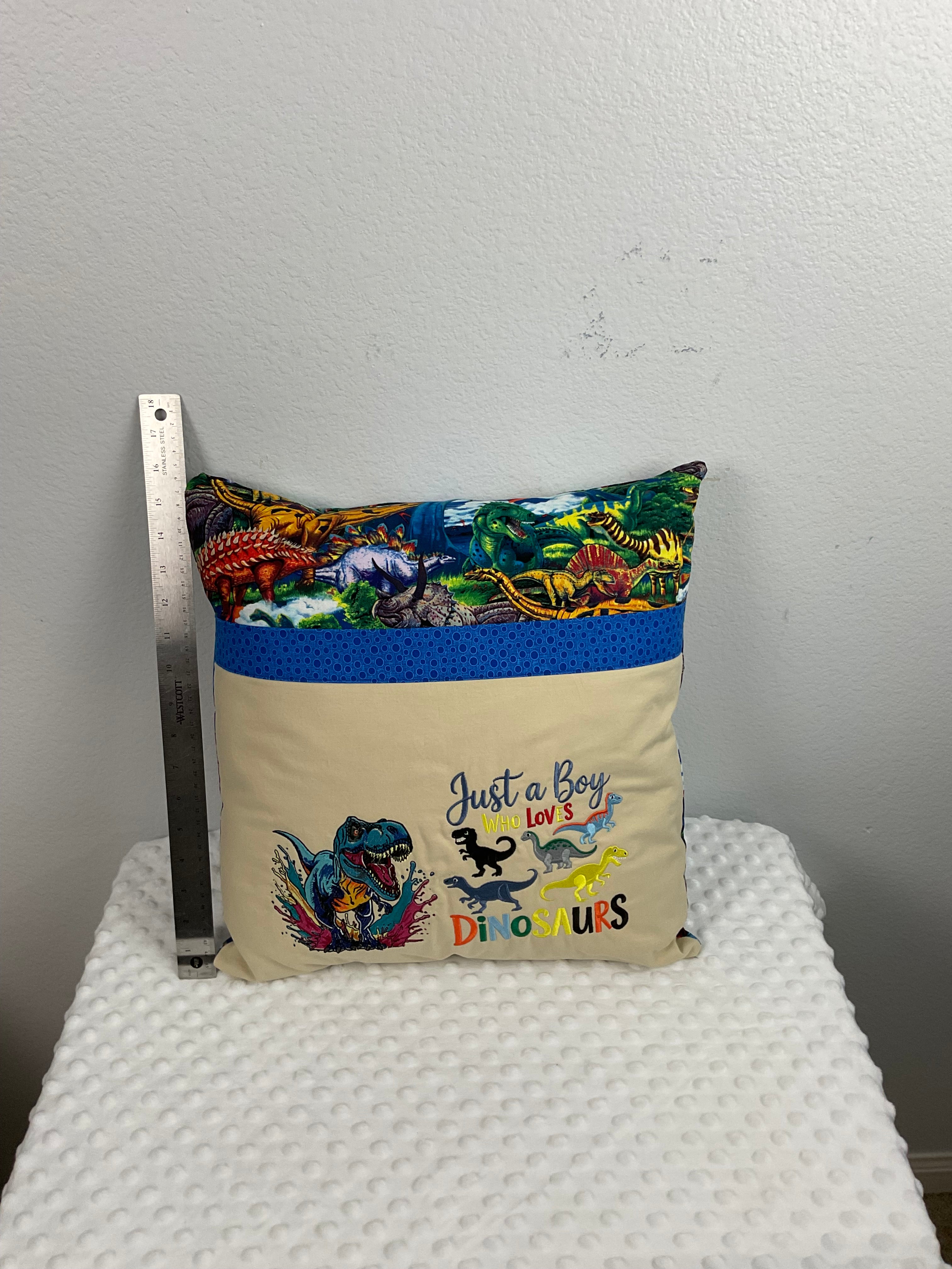 "Just a Boy Who Loves Dinosaurs" Reading Pillow – Embroidered Cushion