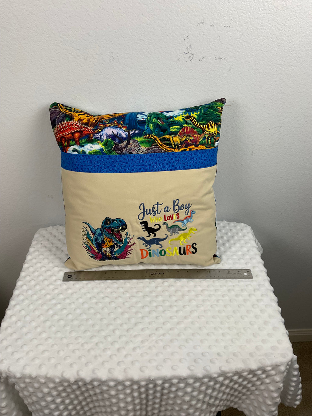 "Just a Boy Who Loves Dinosaurs" Reading Pillow – Embroidered Cushion
