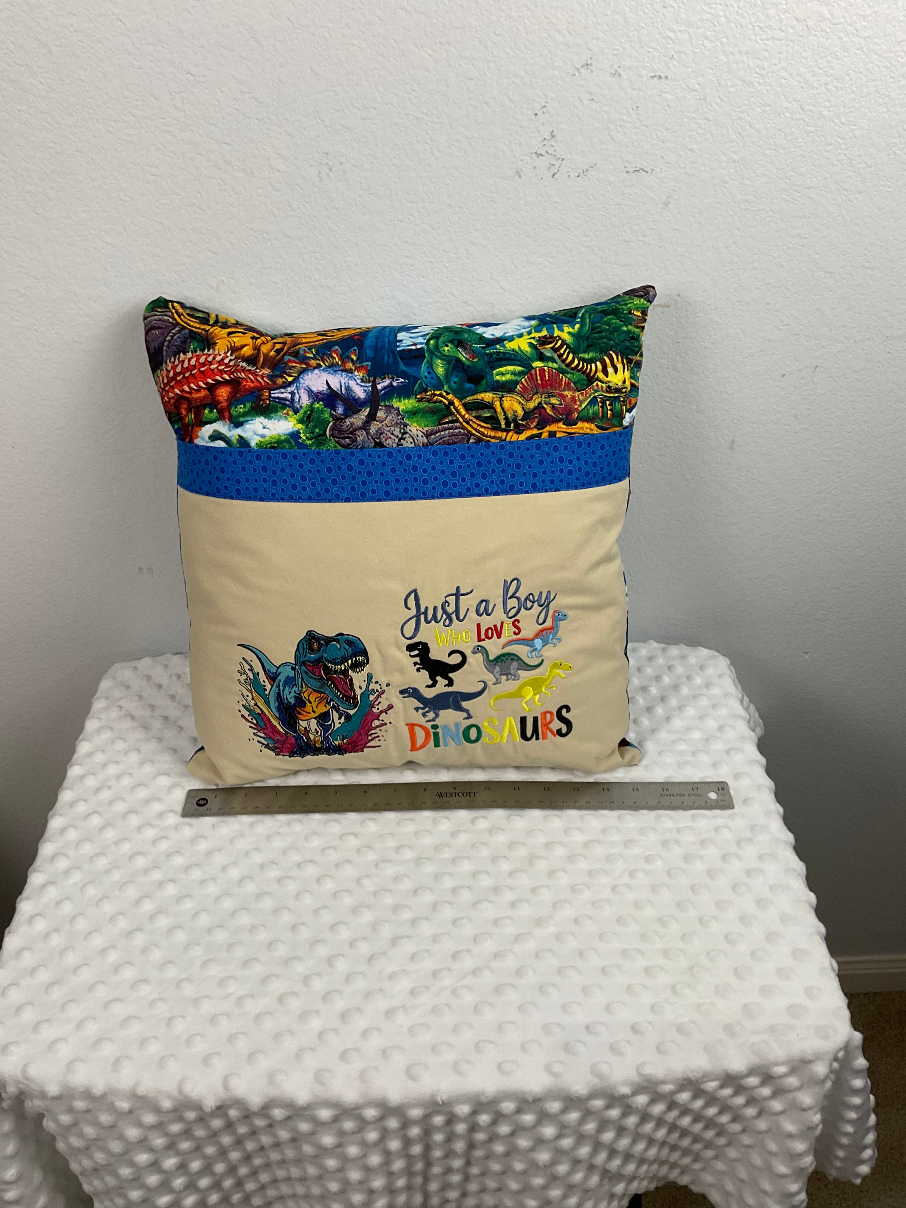 "Just a Boy Who Loves Dinosaurs" Reading Pillow – Embroidered Cushion
