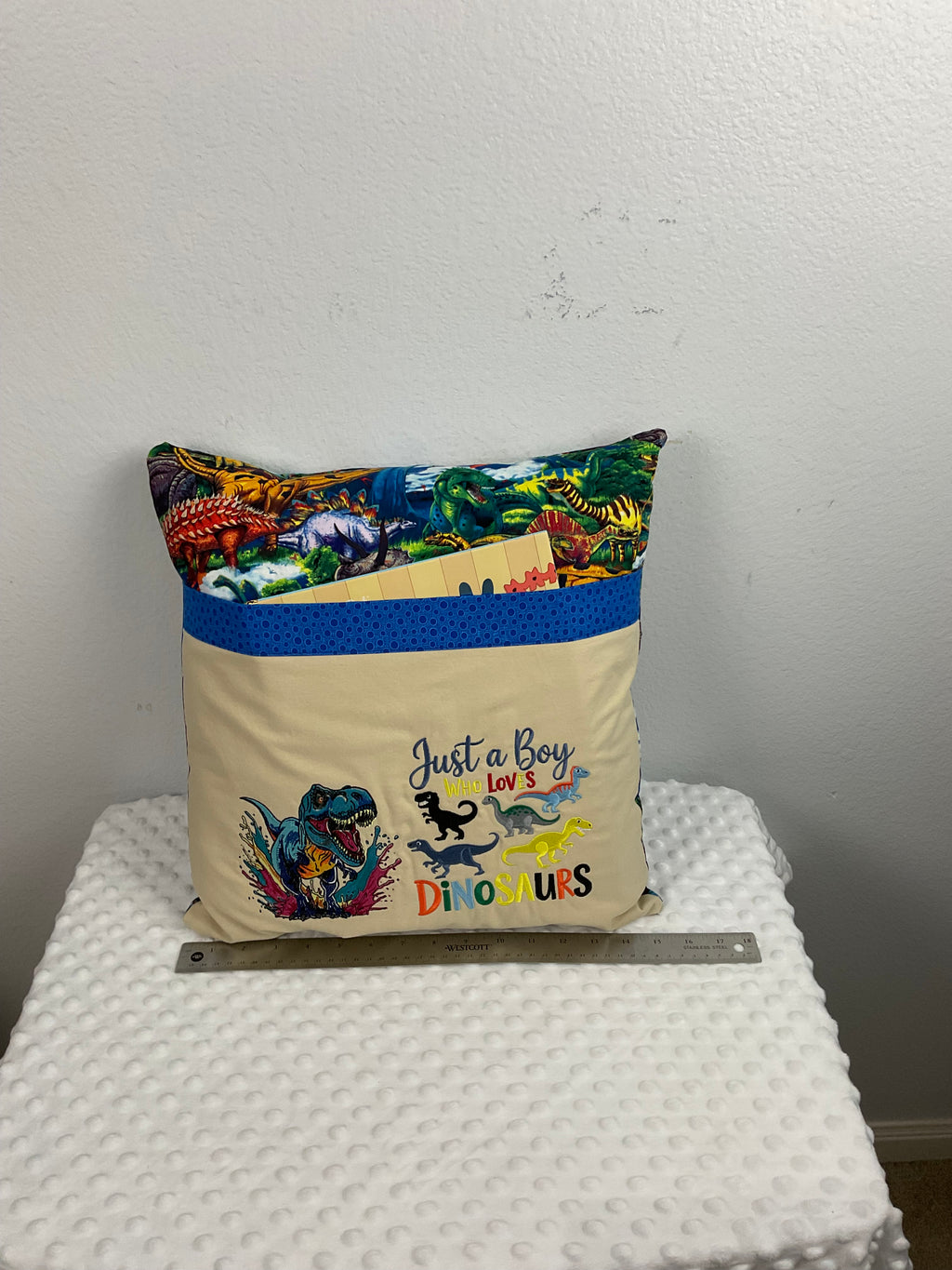 "Just a Boy Who Loves Dinosaurs" Reading Pillow – Embroidered Cushion