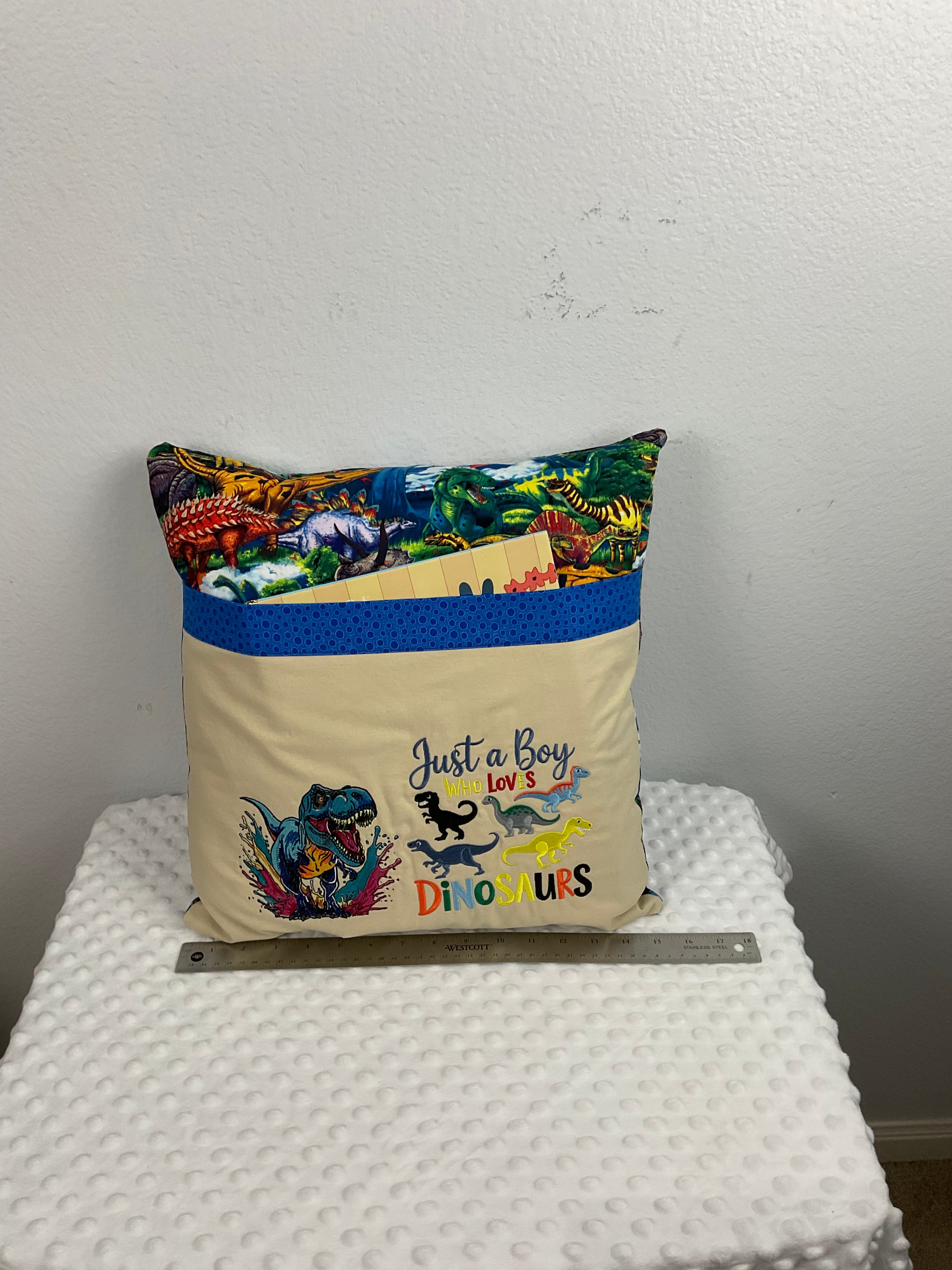 "Just a Boy Who Loves Dinosaurs" Reading Pillow – Embroidered Cushion