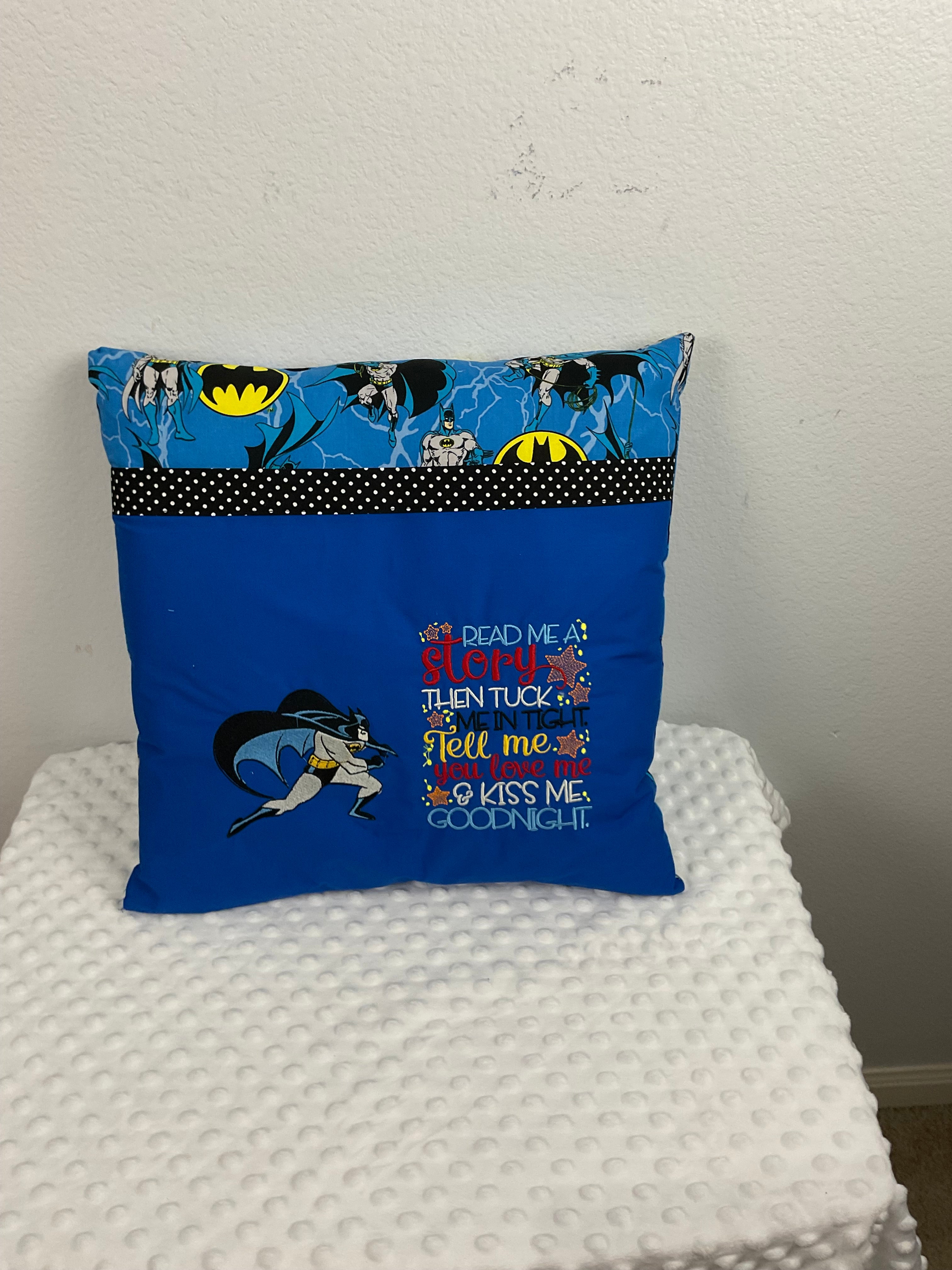 Batman Reading Pillow – Embroidered Cushion in Royal Blue