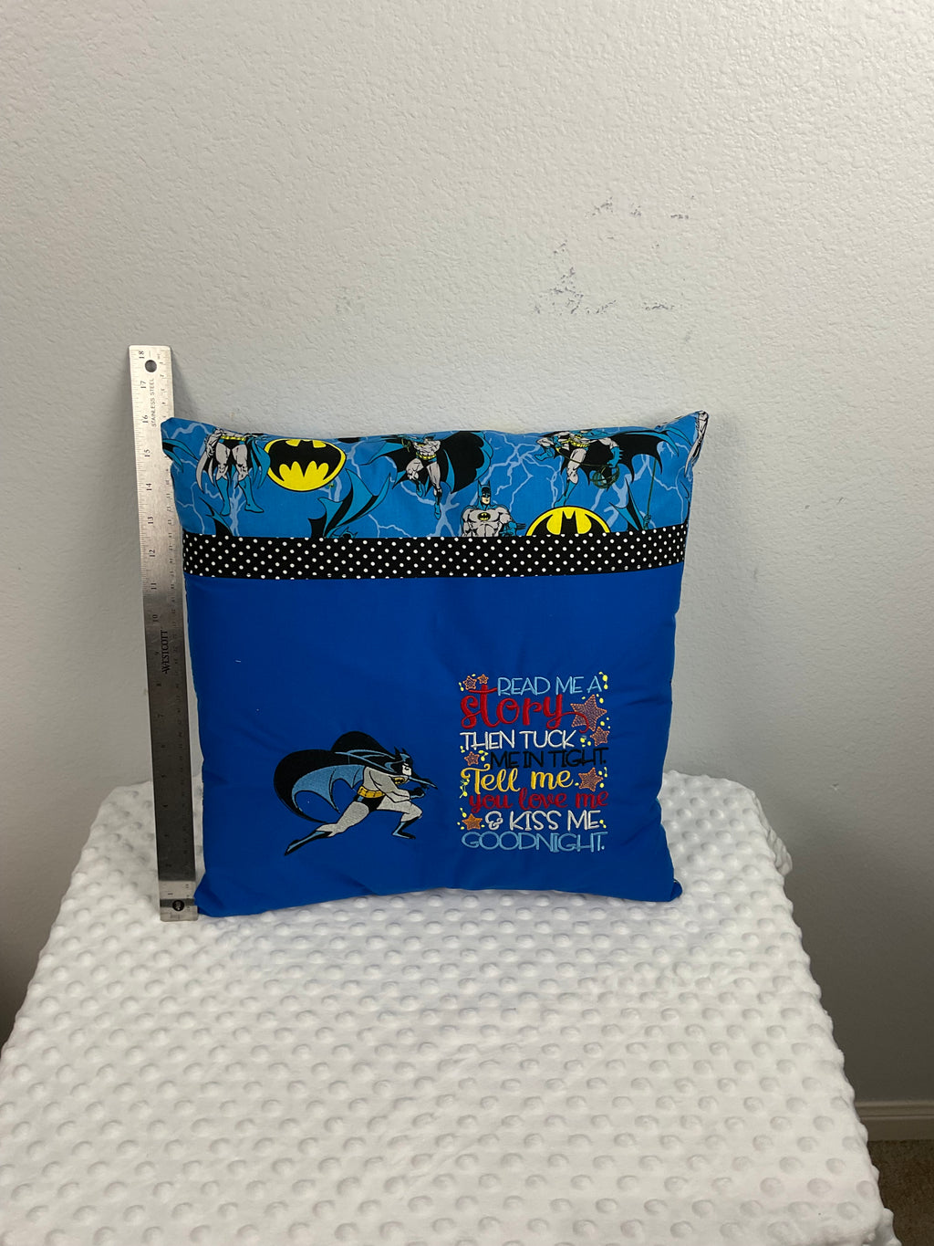 Batman Reading Pillow – Embroidered Cushion in Royal Blue