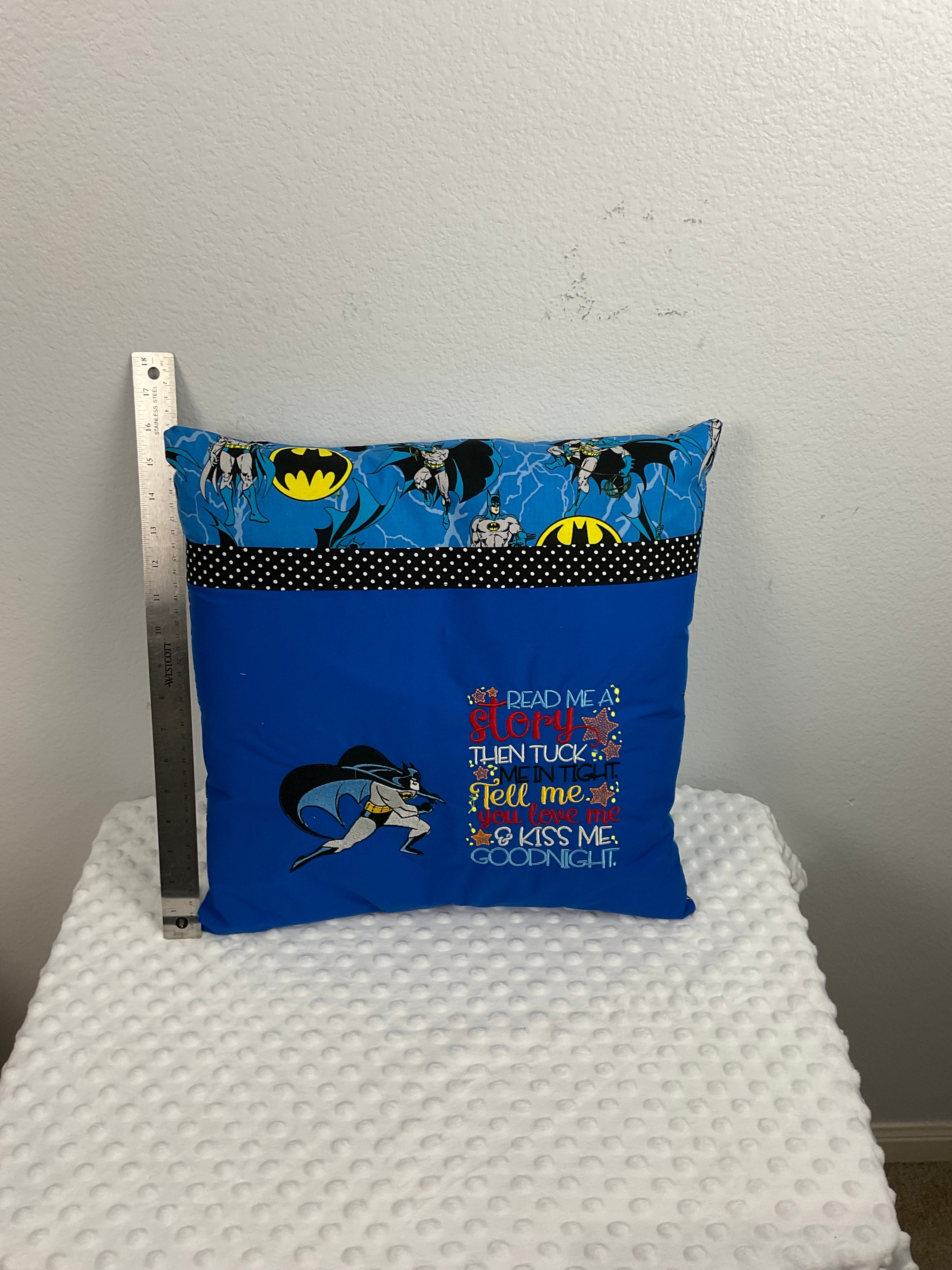 Batman Reading Pillow – Embroidered Cushion in Royal Blue