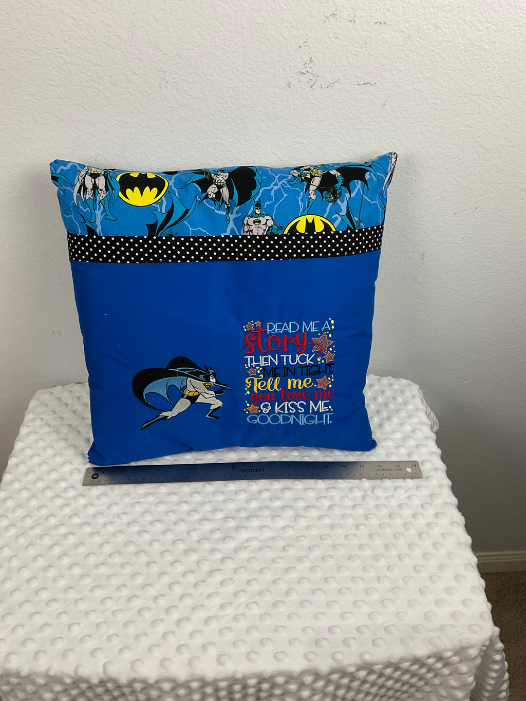 Batman Reading Pillow – Embroidered Cushion in Royal Blue