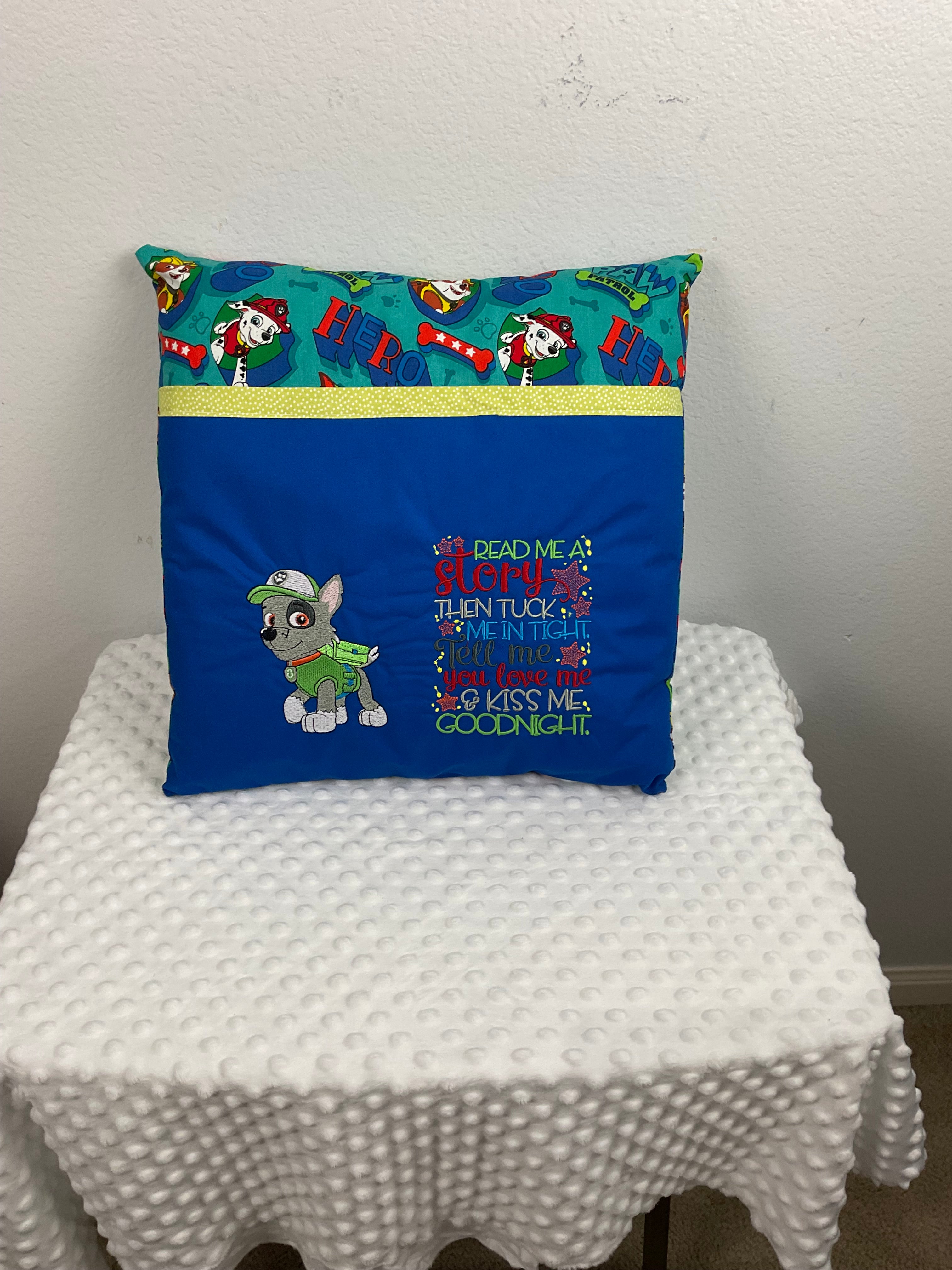 PAW Patrol Rocky Reading Pillow – Embroidered Cushion in Royal Blue