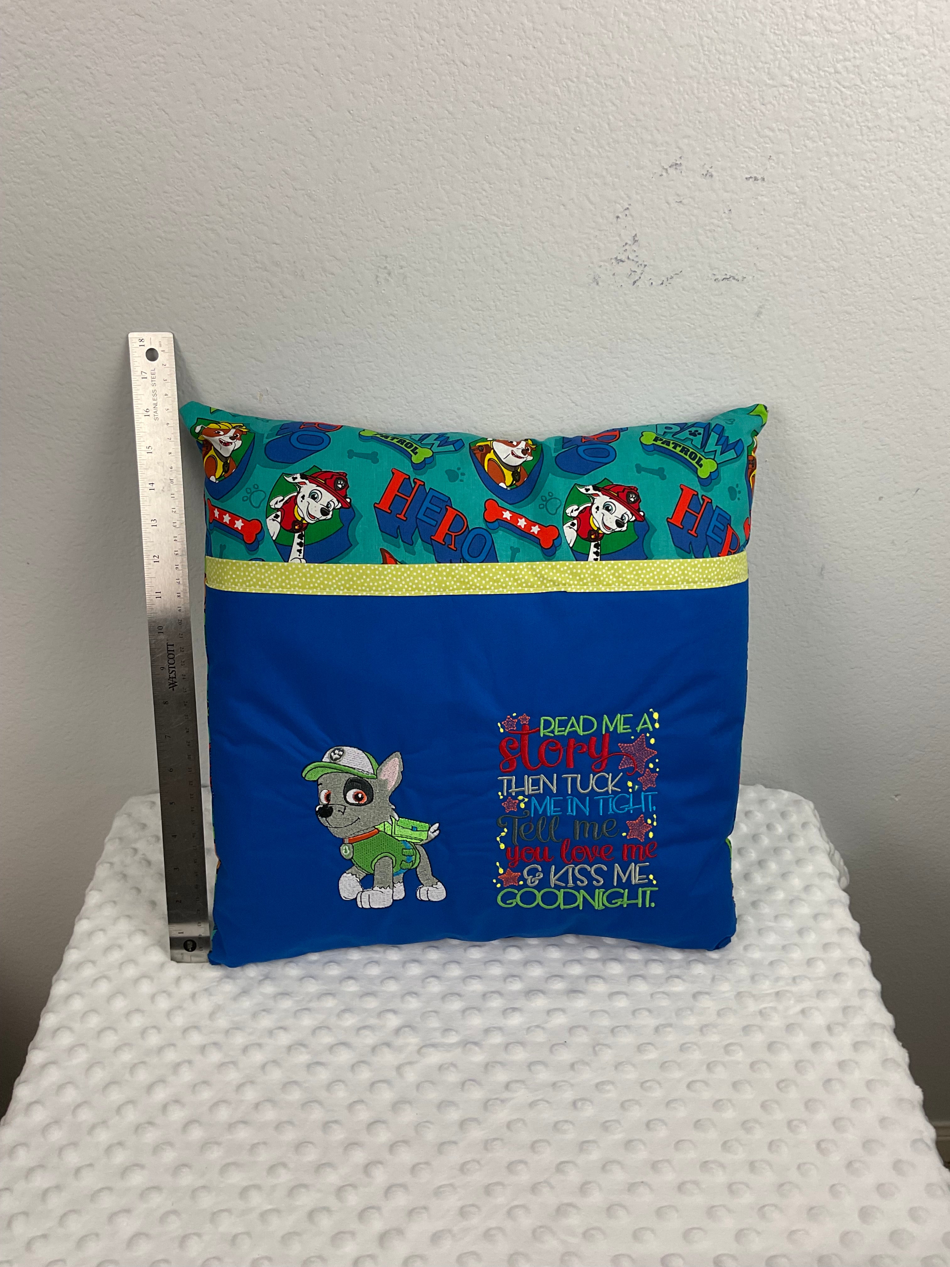 PAW Patrol Rocky Reading Pillow – Embroidered Cushion in Royal Blue