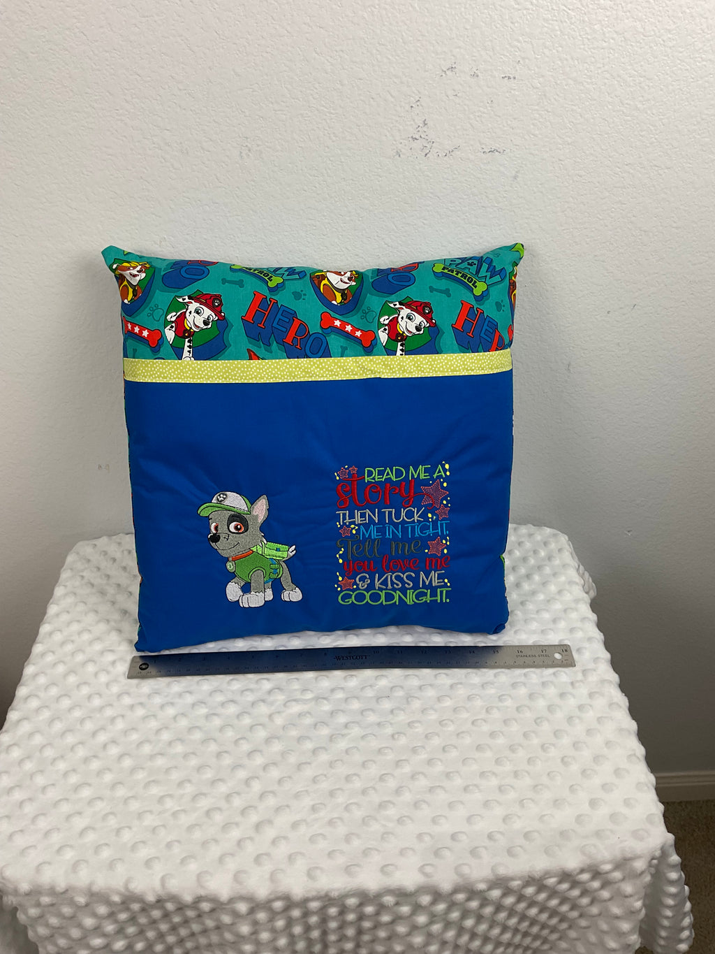 PAW Patrol Rocky Reading Pillow – Embroidered Cushion in Royal Blue