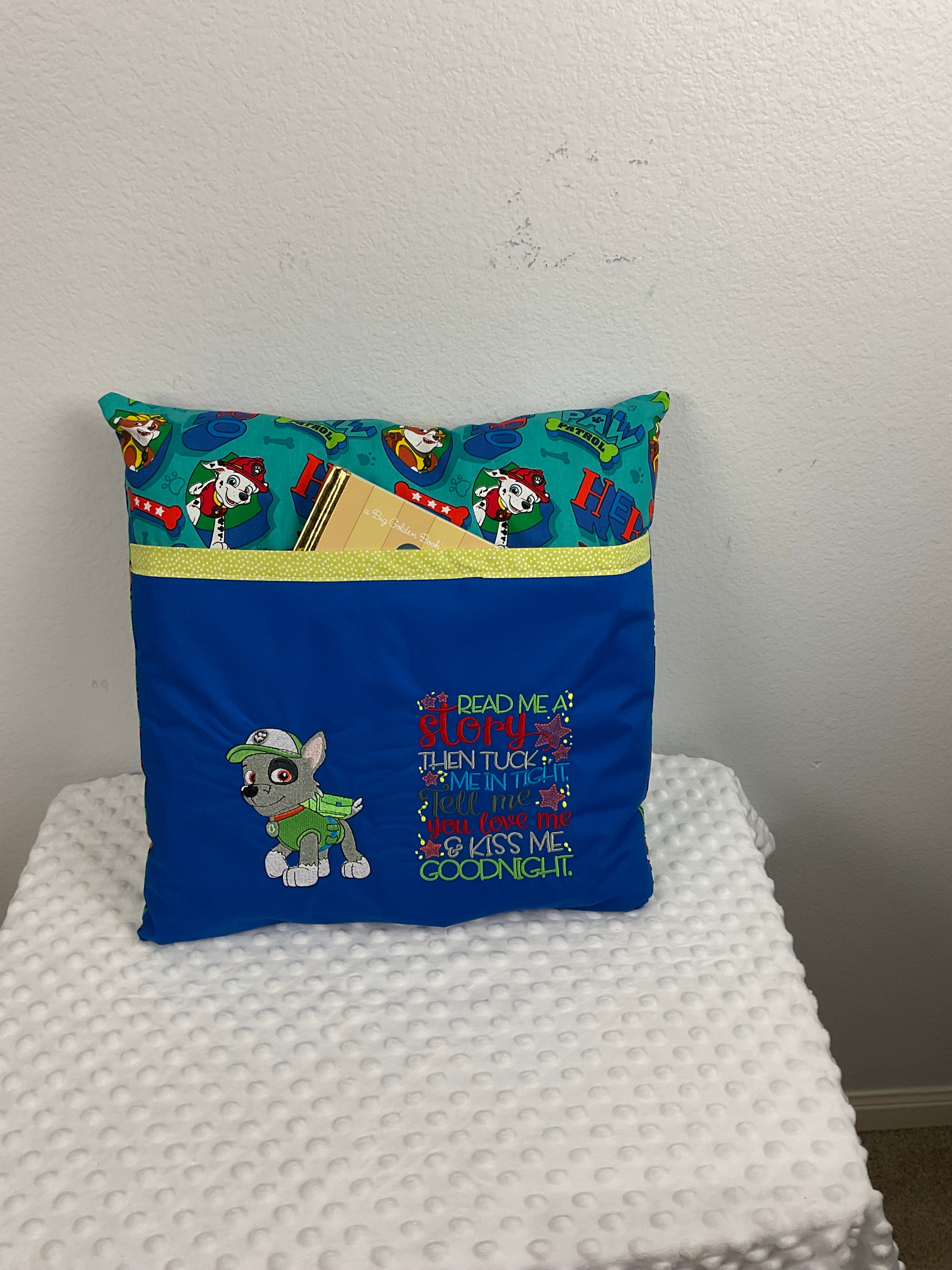 PAW Patrol Rocky Reading Pillow – Embroidered Cushion in Royal Blue