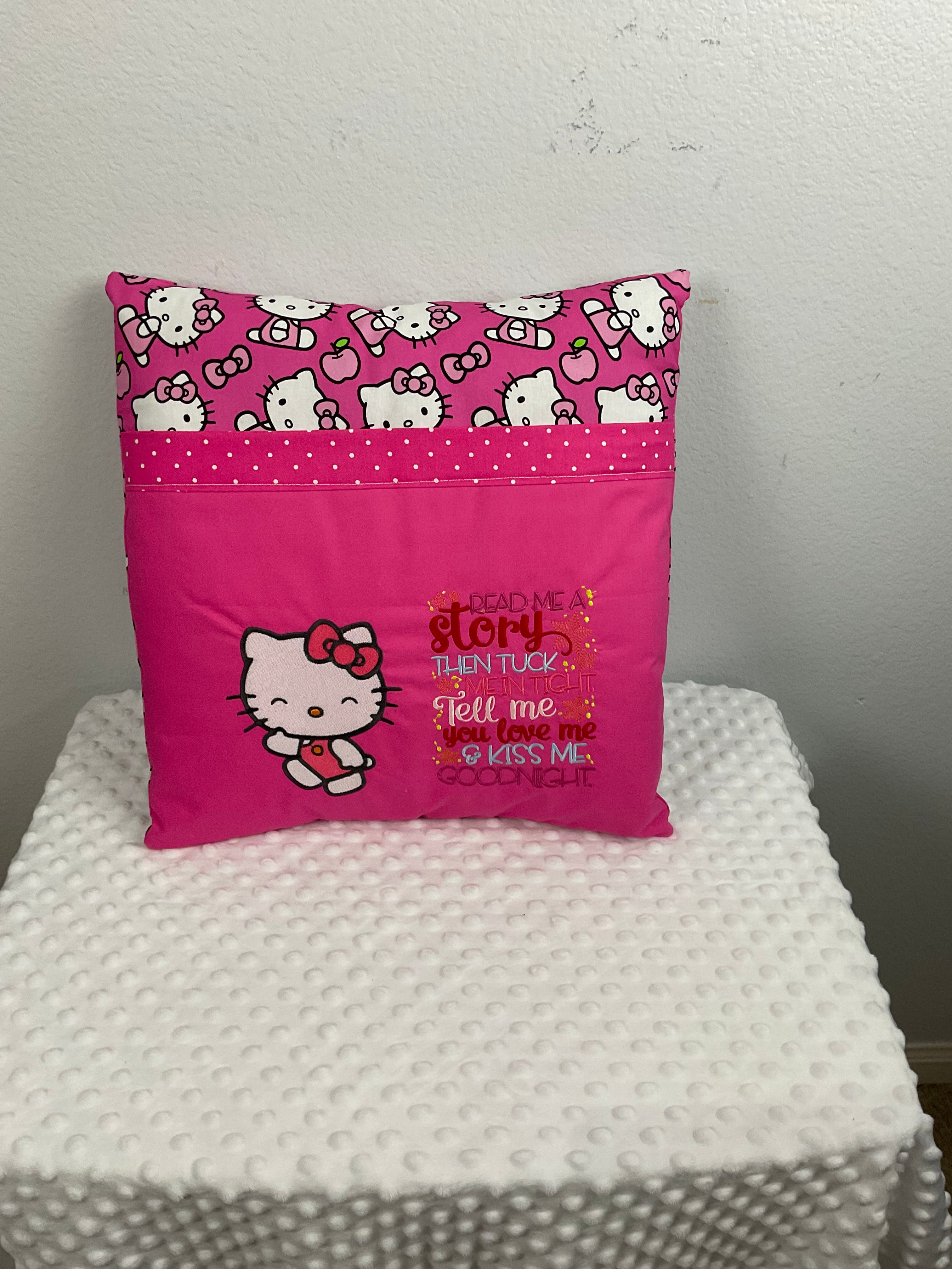 Hello Kitty Reading Pillow – Embroidered Cushion in Hot Pink