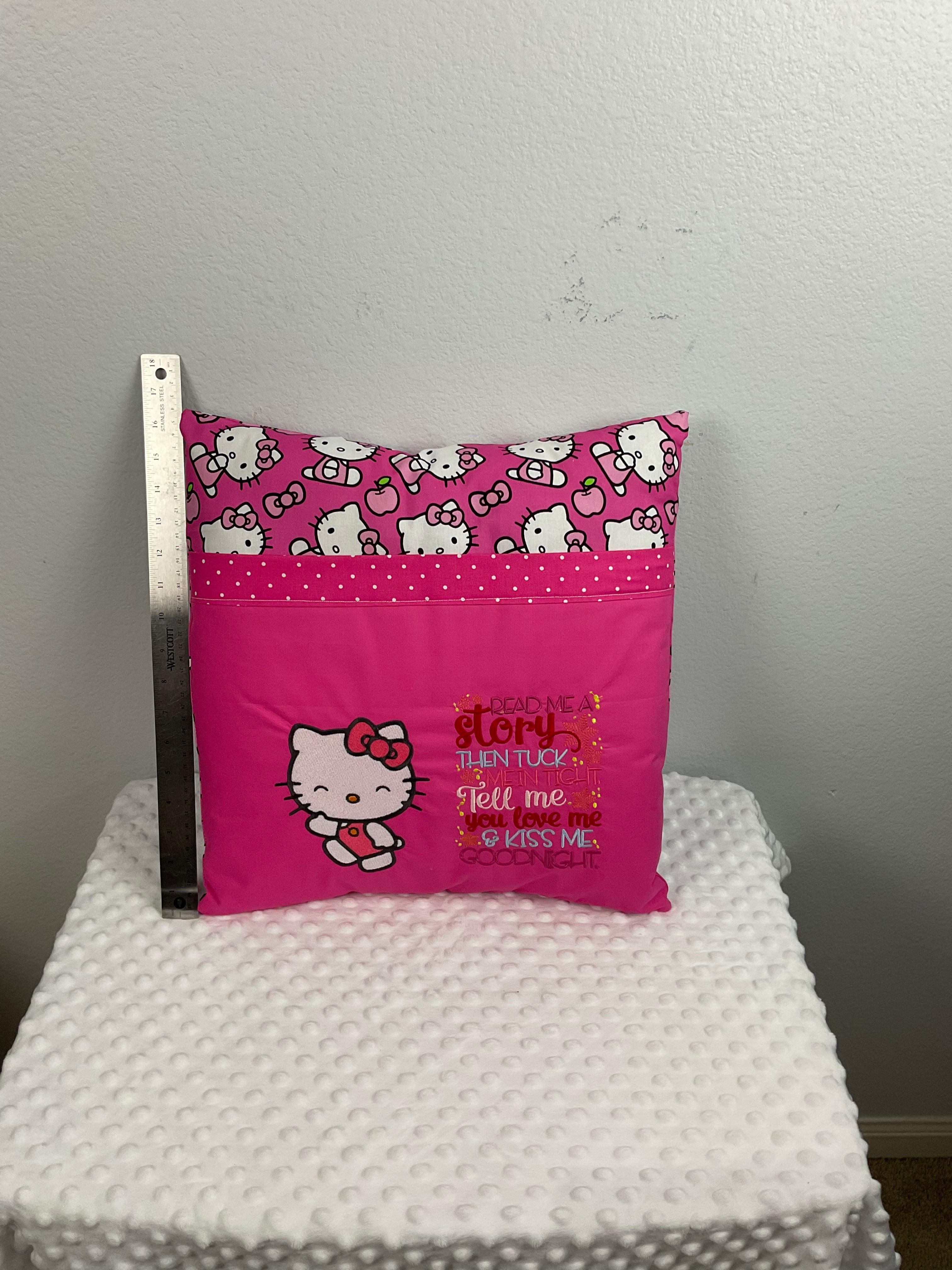 Hello Kitty Reading Pillow – Embroidered Cushion in Hot Pink