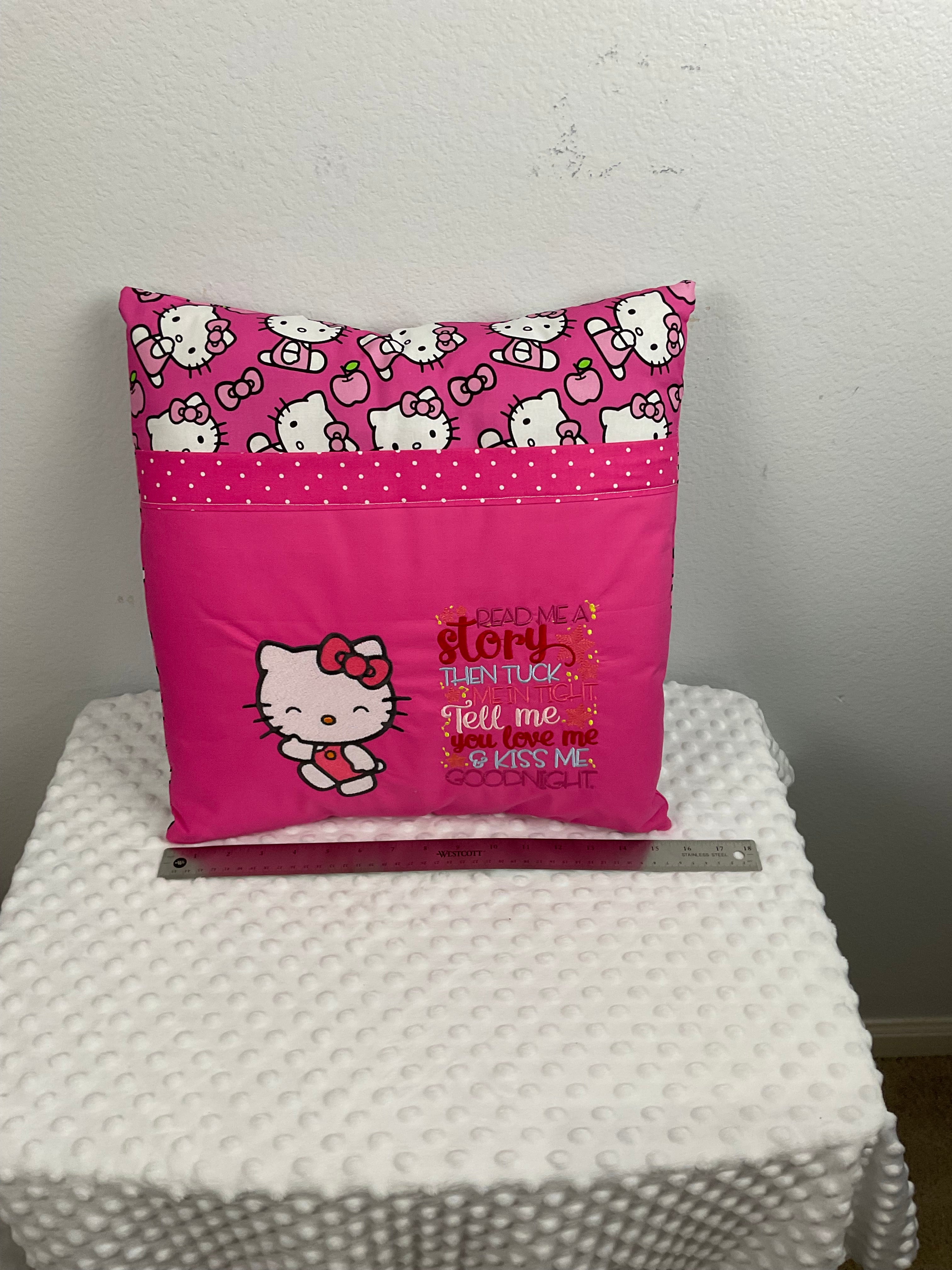 Hello Kitty Reading Pillow – Embroidered Cushion in Hot Pink