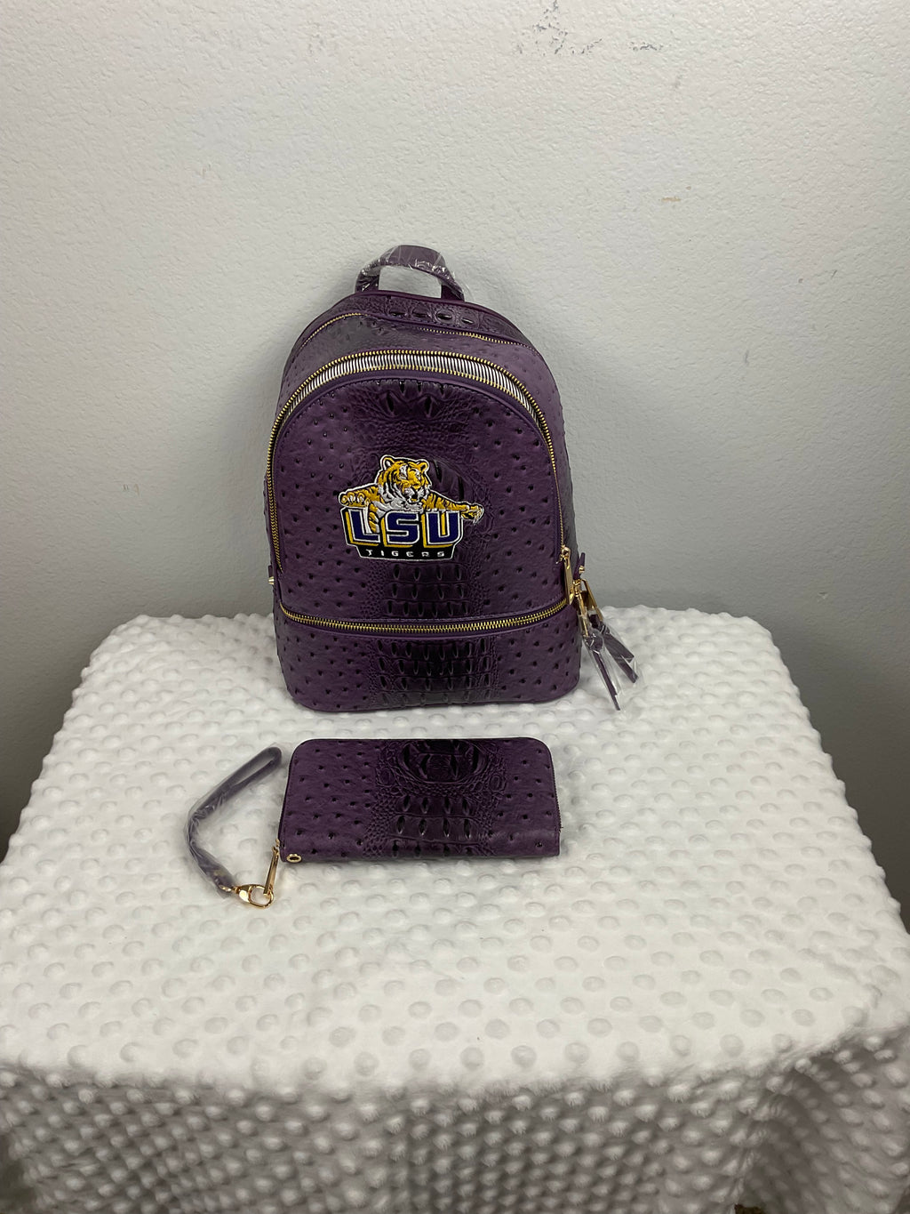 LSU Tigers Mini Backpack & Wallet Set – Purple Ostrich & Croc Embossed