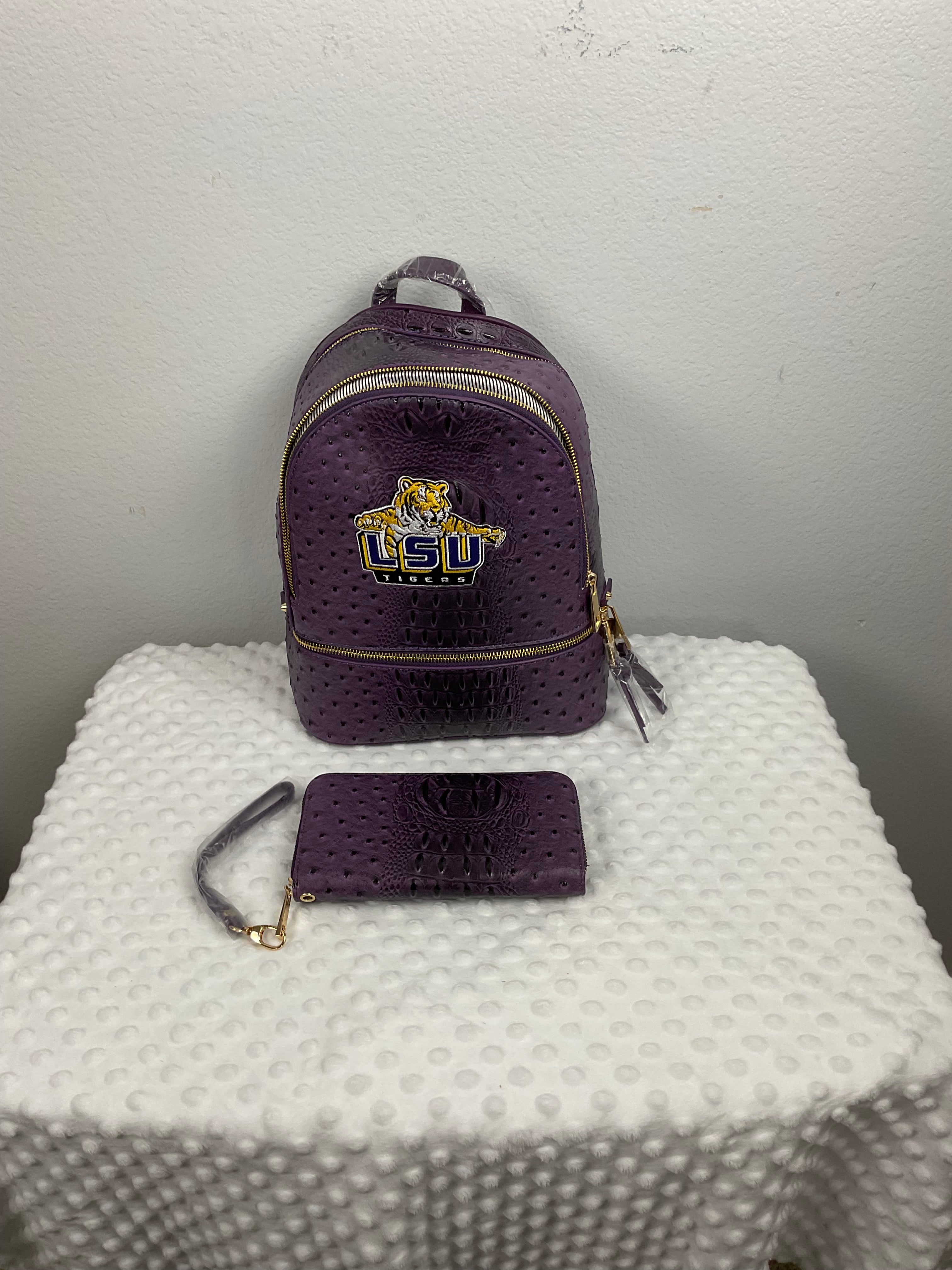LSU Tigers Mini Backpack & Wallet Set – Purple Ostrich & Croc Embossed
